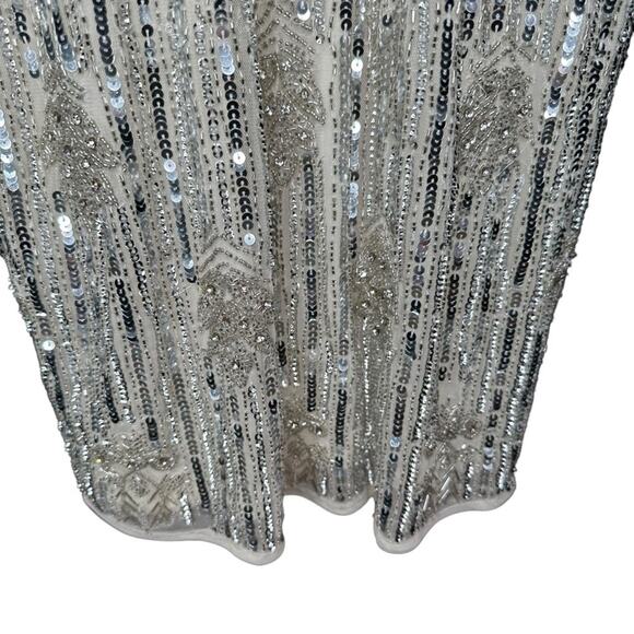 Mac Duggal Nude Silver Embellished Flutter Sleeve High Neck Dress 6 - Picture 8 of 13